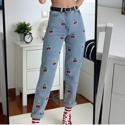 Sosana - High-Waist Cherry Embroidered Washed Straight Leg Mom Jeans