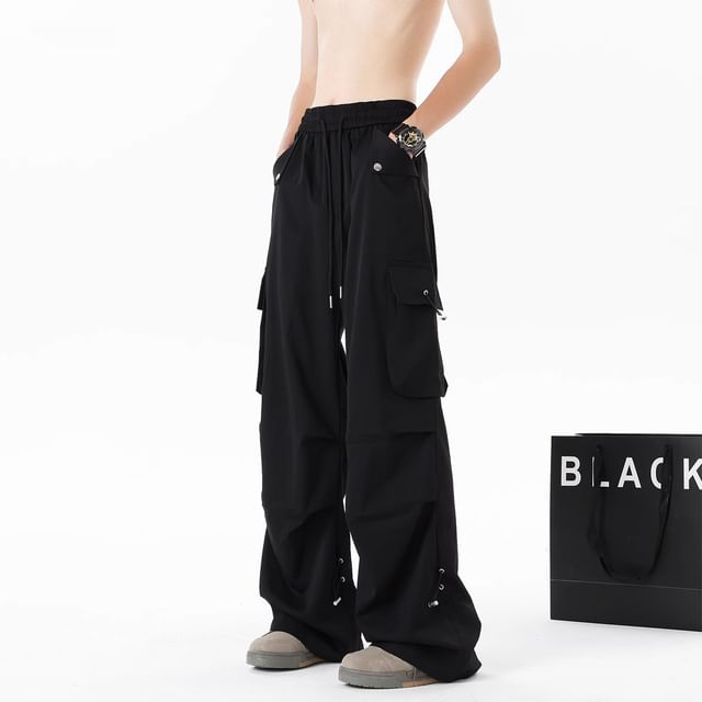 emeisa-Drawstring Waist Plain Wide Leg Cargo Pants