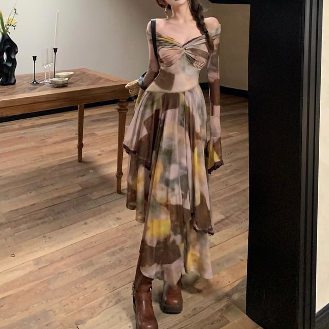 brown tie dye dress long sleeve Women's Boho Lace Brown Dress main image 0