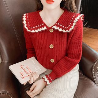 Women Peter Pan Collar Knitted Cardigan Jacket Sweater Top Rose Button Cute