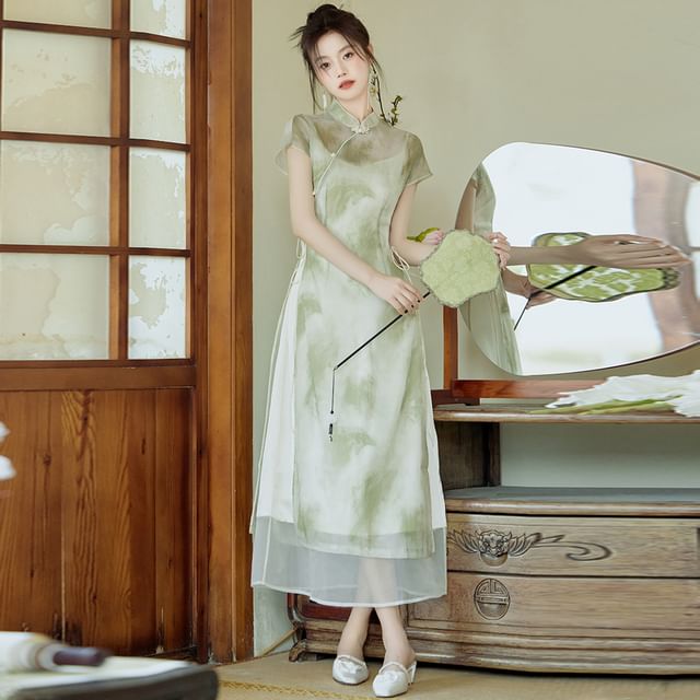 sansweet-Set Short-Sleeve Stand Collar Tie Dye Frog Buttoned Slit Midi Dress Spaghetti Strap V-Neck Plain Maxi A-Line Dress