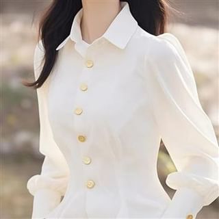 Everose-Long-Sleeve Collared Button-Up Plain Slim Fit Blouse