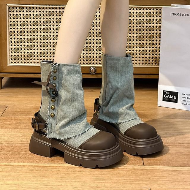 Vindler-Cap Toe Platform Chunky Heel Mid-Calf Boots