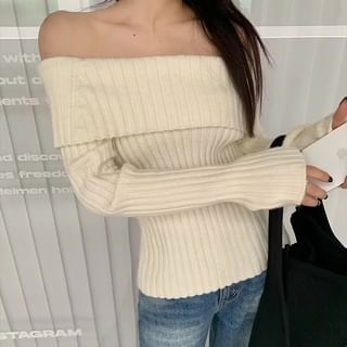 Asiris Long Sleeve Off Shoulder Plain Ribbed Knit Sweater