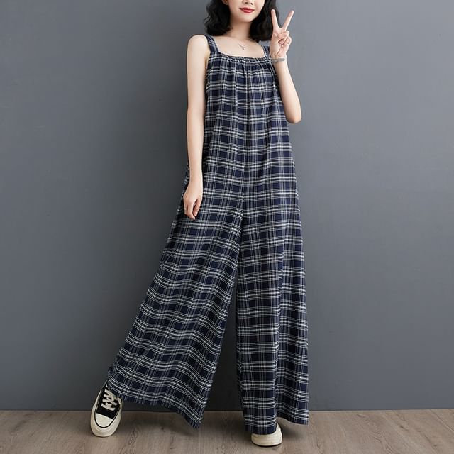 INEN-Sleeveless Plaid Wide Leg Dungaree