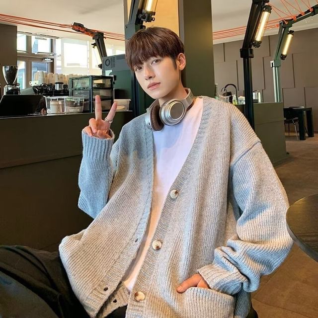 Bay Go Mall-V-Neck Plain Cardigan