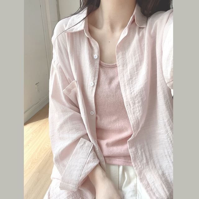 Happo-Long-Sleeve Plain Button-Up Shirt