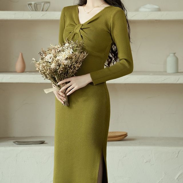 Pantho - Long-Sleeve V-Neck Knot Front Plain Ribbed Slit Midi Sheath Knit  Dress | YesStyle