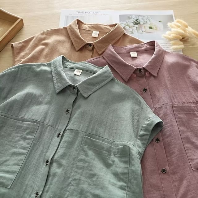 PANDAGO-Sleeveless Collared Button Up Shirt