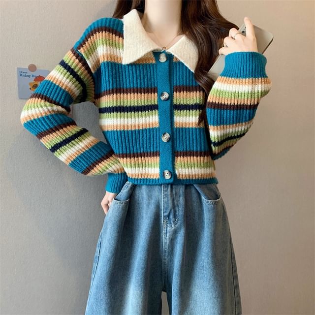 Magimomo-Contrast Collar Striped Ribbed Cardigan