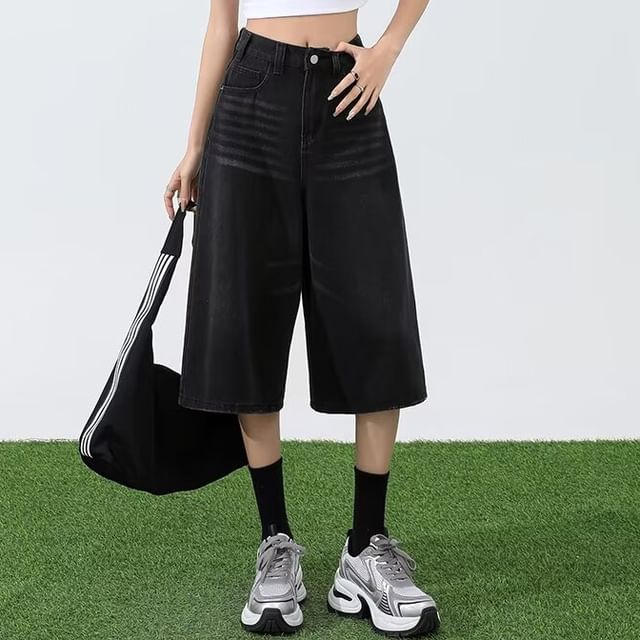 CRIBI-Mid Rise Washed Capri Wide Leg Jeans