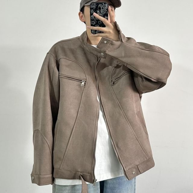 VEAZ-Stand Collar Plain Faux Leather Zip Jacket