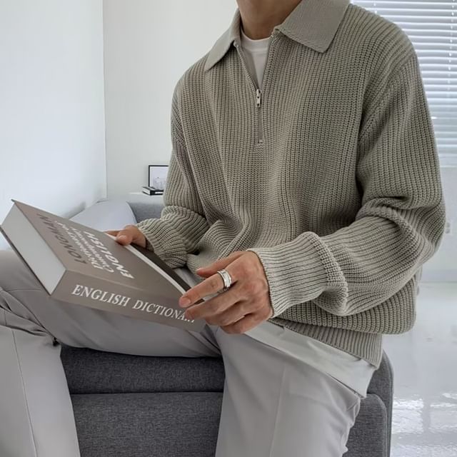 Double White-Half Zip Plain Polo Sweater
