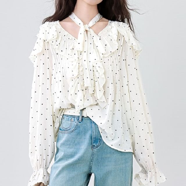 Cossita-Puff-Sleeve Tie-Neck Dotted Ruffle Blouse