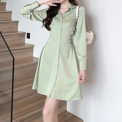 Yilda - Long-Sleeve Plain Ruched Button-Up Mini A-Line Shirt Dress