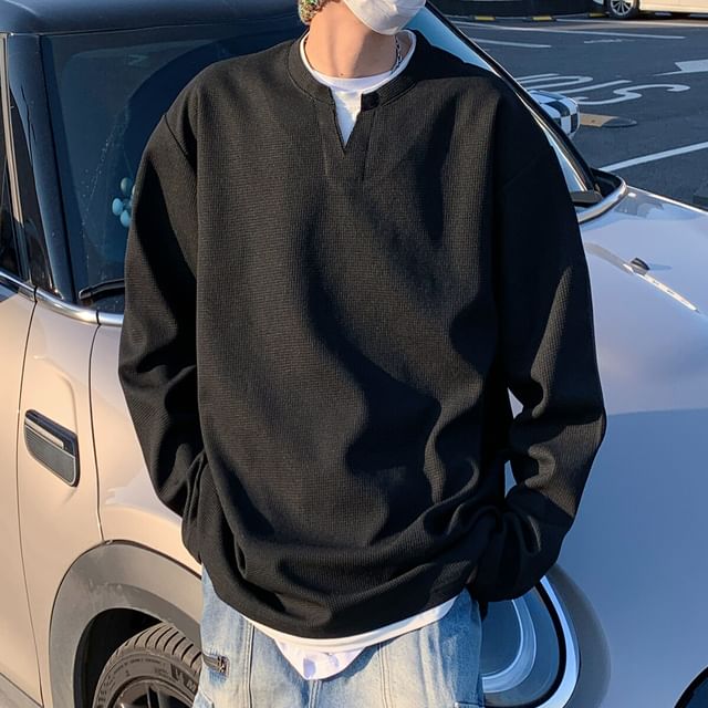Drawouf-Crew Neck Mock Two Piece Oversized Sweatshirt