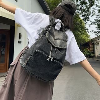 Mulgam-Drawstring Washed Denim Flap Backpack