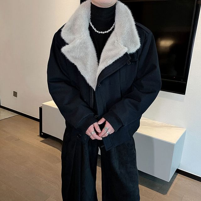 Freehop-Lapel Collar Faux Fur Collar Patchwork Plain Zip Jacket
