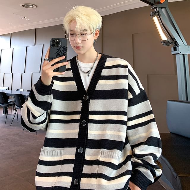 Bay Go Mall-V-Neck Striped Button-Up Cardigan