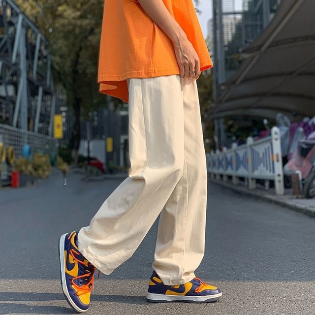 FOEV-Mid Rise Plain Straight Leg Pants