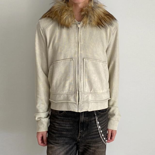 DragonRoad-Fluffy Trim Washed Zip-Up Hoodie
