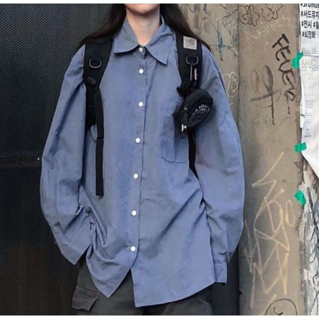 Sisyphi-Long-Sleeve Plain Pocket Detail Shirt