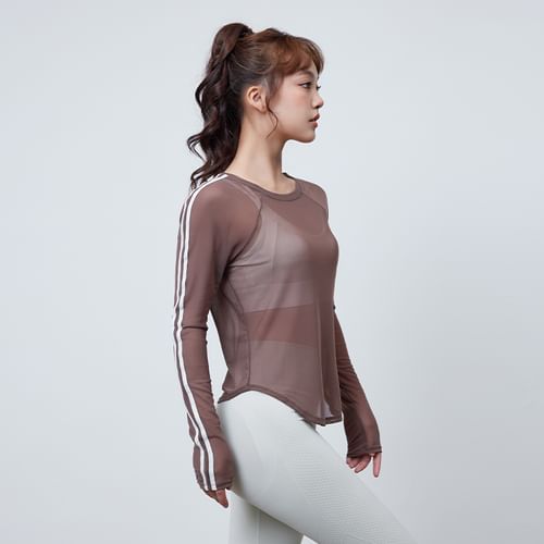 Long-Sleeve Striped Asymmetrical Mesh Sports T-Shirt