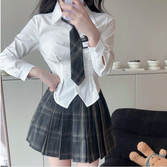 Long-Sleeve Plain Button-Up Shirt / High Waist Plaid Mini A-Line Skirt /  Neck Tie / Name Tag / Set