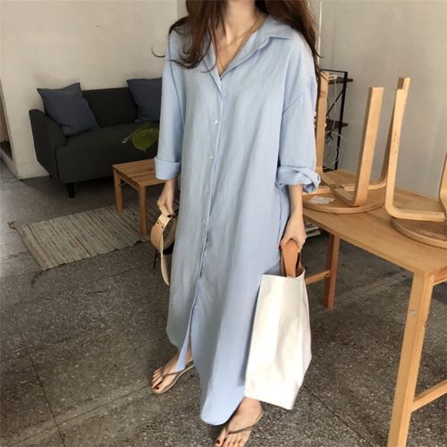 theajshia - Long-Sleeve Plain Maxi Oversized Shirt Dress | YesStyle