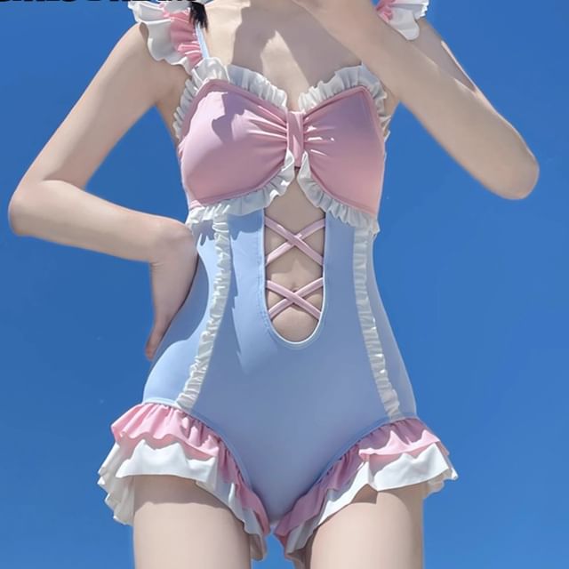 JVL-Sweetheart Neck Ruffle Trim Swimsuit