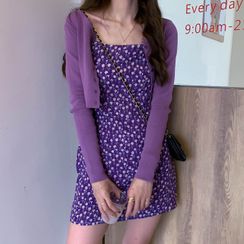 Bloombloom - Floral Print Spaghetti-Strap Mini A-Line Dress / Cropped Cardigan Bloombloom - Floral Print Spaghetti-Strap Mini A-Line Dress / Cropped Cardigan