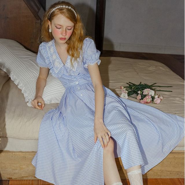 Sincethen - Short-Sleeve Collar Gingham Midi A-Line Dress | YesStyle
