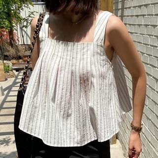 ISSOL-Square Neck Striped Pleated Flowy Crop Tank Top