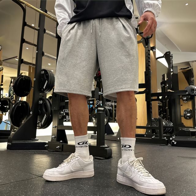 mopagrati-Drawstring Waist Plain Sweat Shorts
