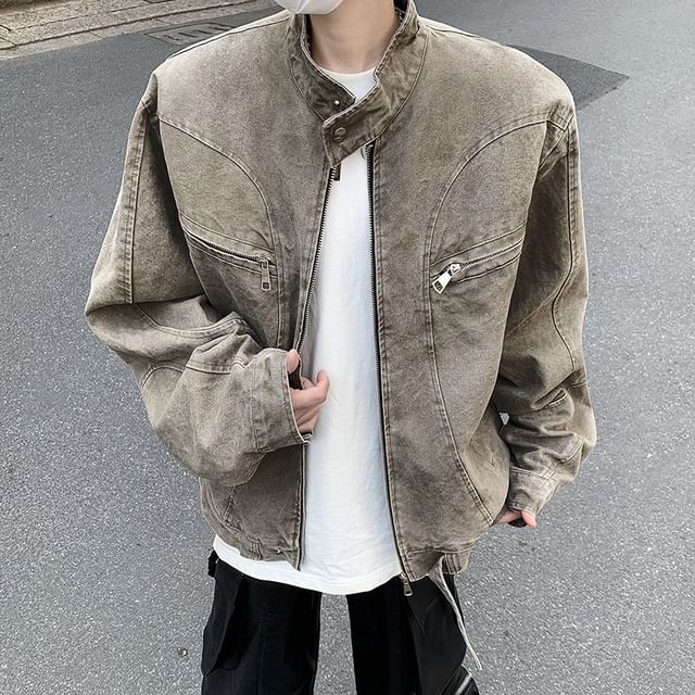 Hushgrain-Stand Collar Denim Zip-Up Jacket