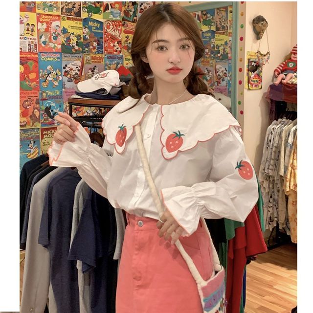 Cossita - Long-Sleeve Wide Collar Strawberry Embroidered