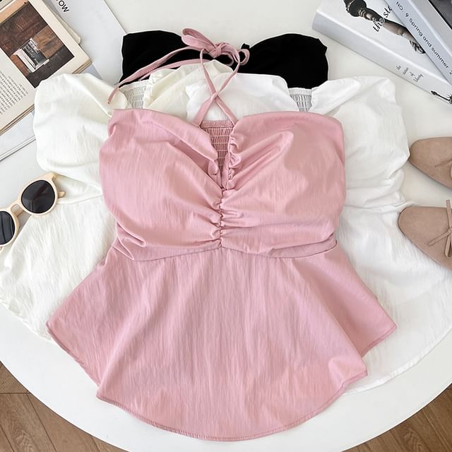 DIYI-Halter Neck Plain Flowy Top