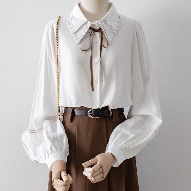 Cossita-Puff-Sleeve Contrast Stitched Button-Up Blouse