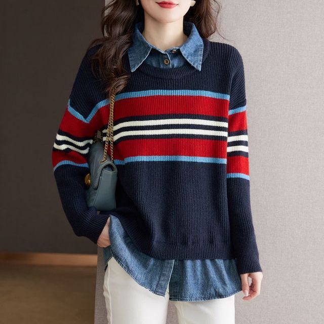 Jeonseon-Mock Two-Piece Denim Collar Striped Sweater