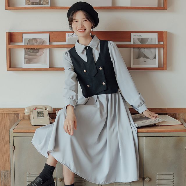 knee length dresses for ladies Women's Wool Knit Vest Long Sleeve Shirt Dress main image 1