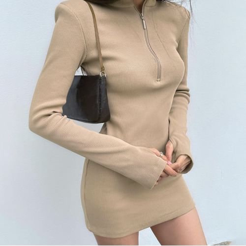 Sheparon - Long-Sleeve Half-Zip Knit Mini Bodycon Dress | YesStyle
