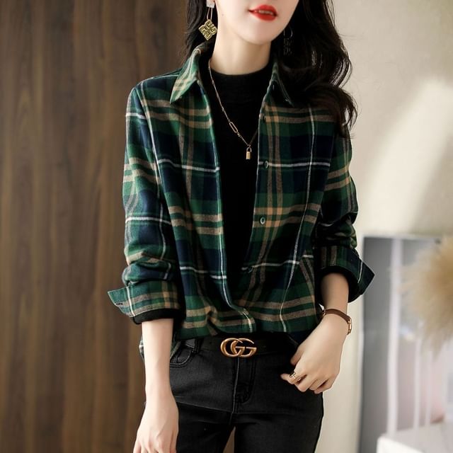 INEN-Long-Sleeve Plaid Shirt