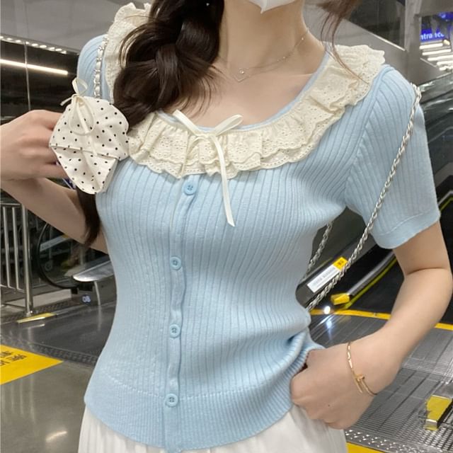 Yako-Short-Sleeve Lace Ruffle Plain Ribbed Button-Up Knit Top
