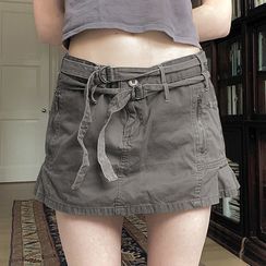 Honet - Plain Low Waist Denim Mini Skirt