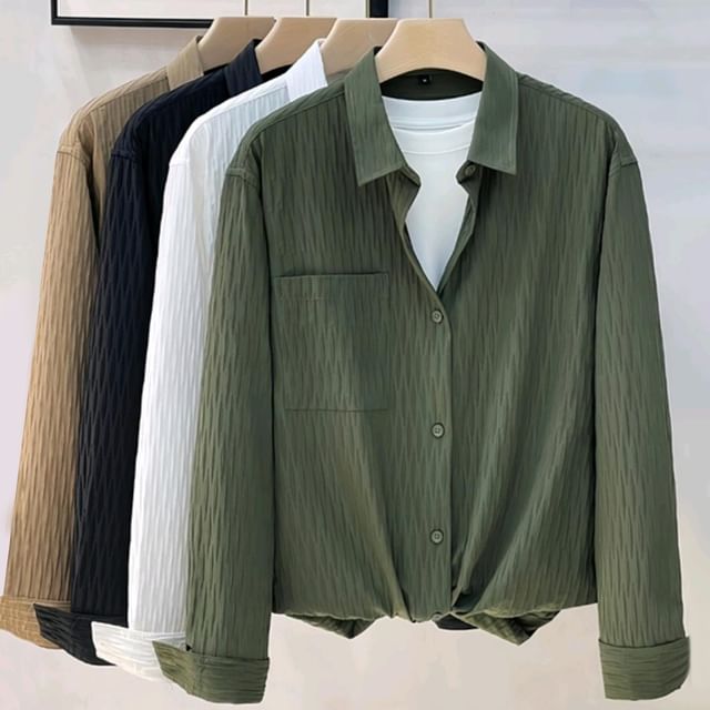 GRAYCIOUS-Long-Sleeve Plain Crinkle Button-Up Shirt