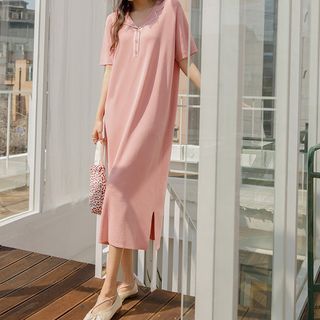 JUSTONE Open Placket Piped Maxi Knit Dress