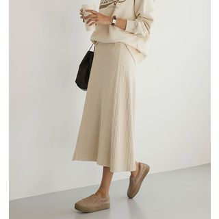 slim fit dress slacks Ribbed Knit Flare Mini Dress in Warm Sand main image 0