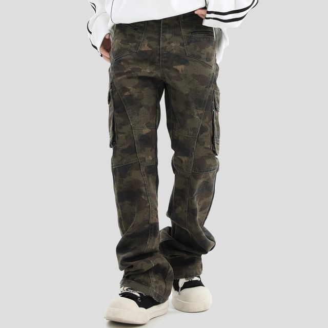 INStudio-Couple Matching Mid Rise Camouflage Panel Flared Cargo Pants