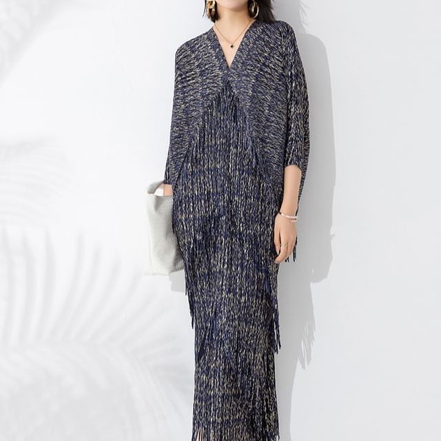 Doowex - Batwing-Sleeve V-Neck Asymmetrical Glitter Crinkle Fringed Sheath  Dress | YesStyle