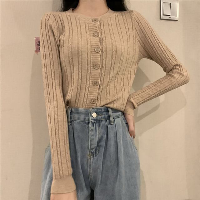Sisyphi-Round Neck Plain Cable Knit Cropped Cardigan